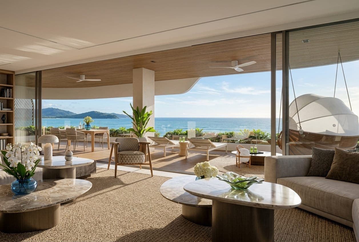 Banyan Tree Beach Residences Oceanus, the developer’s rendering of a living room opening to the terrace and the Andaman Sea, Bang Tao