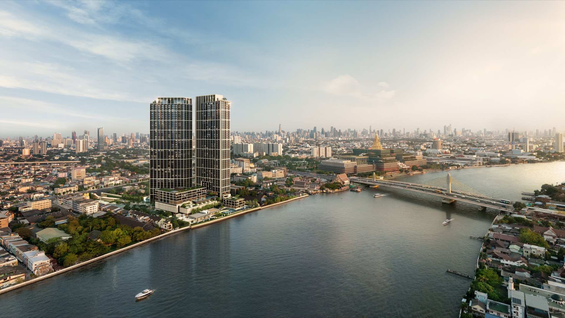 Reference BAIE River Bangpho, an aerial render of two dark-glazed towers with a planted podium on the east bank of the Chao Phraya, the new Parliament House and Rama VII bridge beyond, and central Bangkok on the horizon